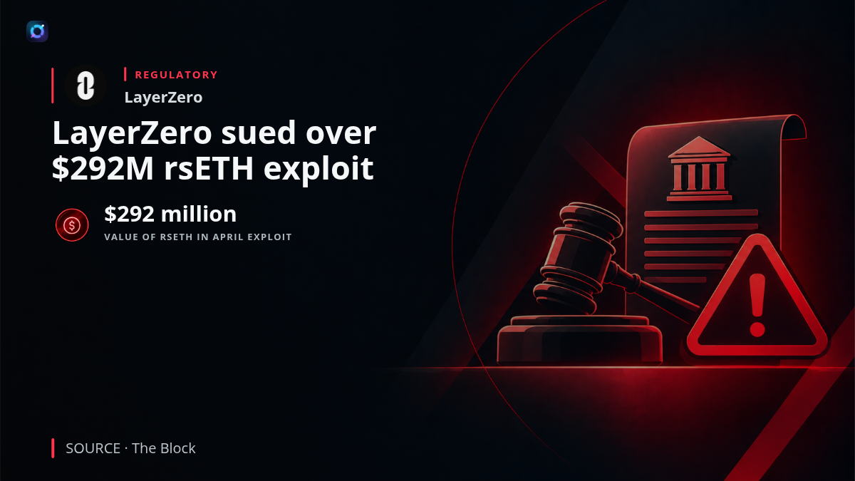 Investor-alert graphic showing LayerZero and KelpDAO branding with a legal filing motif, highlighting a lawsuit alleging LayerZero endorsed the bridge configuration involved in a $292 million rsETH exploit.