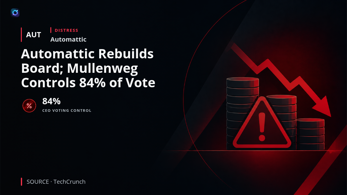 A governance-focused illustration showing the Automattic name, a boardroom table, and a voting-control graphic marked 84%. It represents the company rebuilding its board after a failed attempt to place CEO Matt Mullenweg on leave and the concentration of voting power he says he controls.