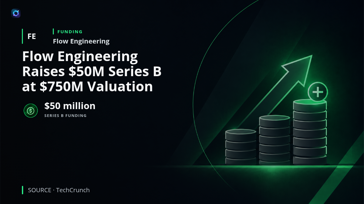 Investor-alert graphic for Flow Engineering highlighting a $50 million Series B financing at a $750 million valuation. The company develops AI software for hardware engineering and will have additional capital to expand its product and commercial operations.