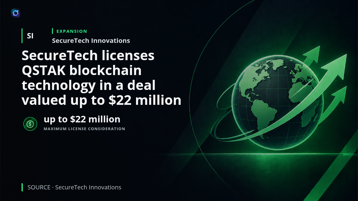 Conceptual illustration of blockchain infrastructure and post-quantum security technology representing SecureTech Innovations' exclusive license to QSTAK and QSTAKCHAIN, alongside the formation of the QSTAK Market joint venture for planned real-world asset tokenization.