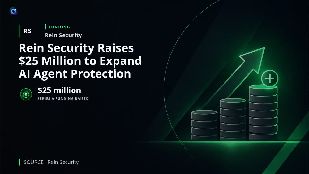 Investor alert graphic featuring Rein Security branding and a visual representation of enterprise AI agents protected by a security shield. The central headline states that Rein Security raised $25 million in Series A financing to expand its AI agent security platform, research capabilities and workforce.