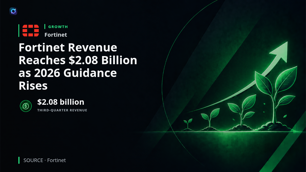 Investor news graphic highlighting Fortinet's third-quarter revenue of $2.08 billion and increased full-year guidance, with a cybersecurity infrastructure theme.