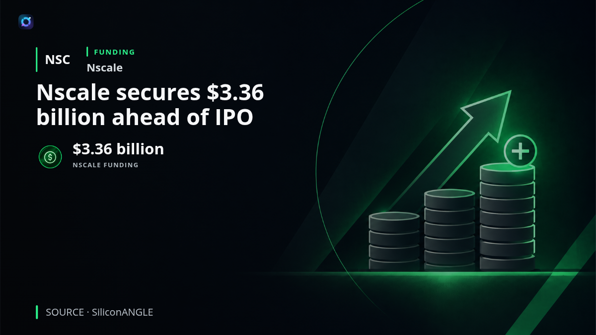 Planned investor-alert graphic showing Nscale and AI data-center infrastructure, highlighting its $3.36 billion financing to fund data-center construction ahead of its planned IPO.