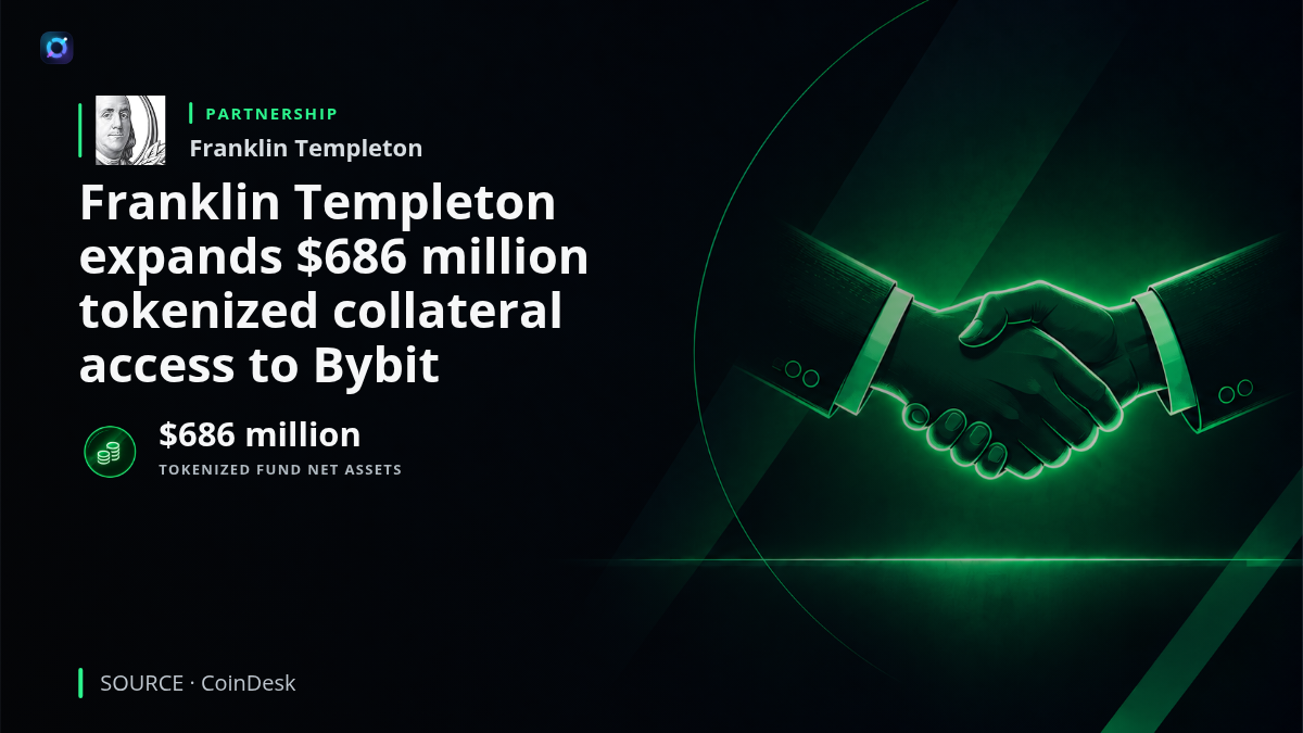 Tokenized money-market fund shares connected to a crypto trading platform, illustrating Franklin Templeton's Bybit partnership involving shares representing about $686 million in net assets that can be pledged as trading collateral.