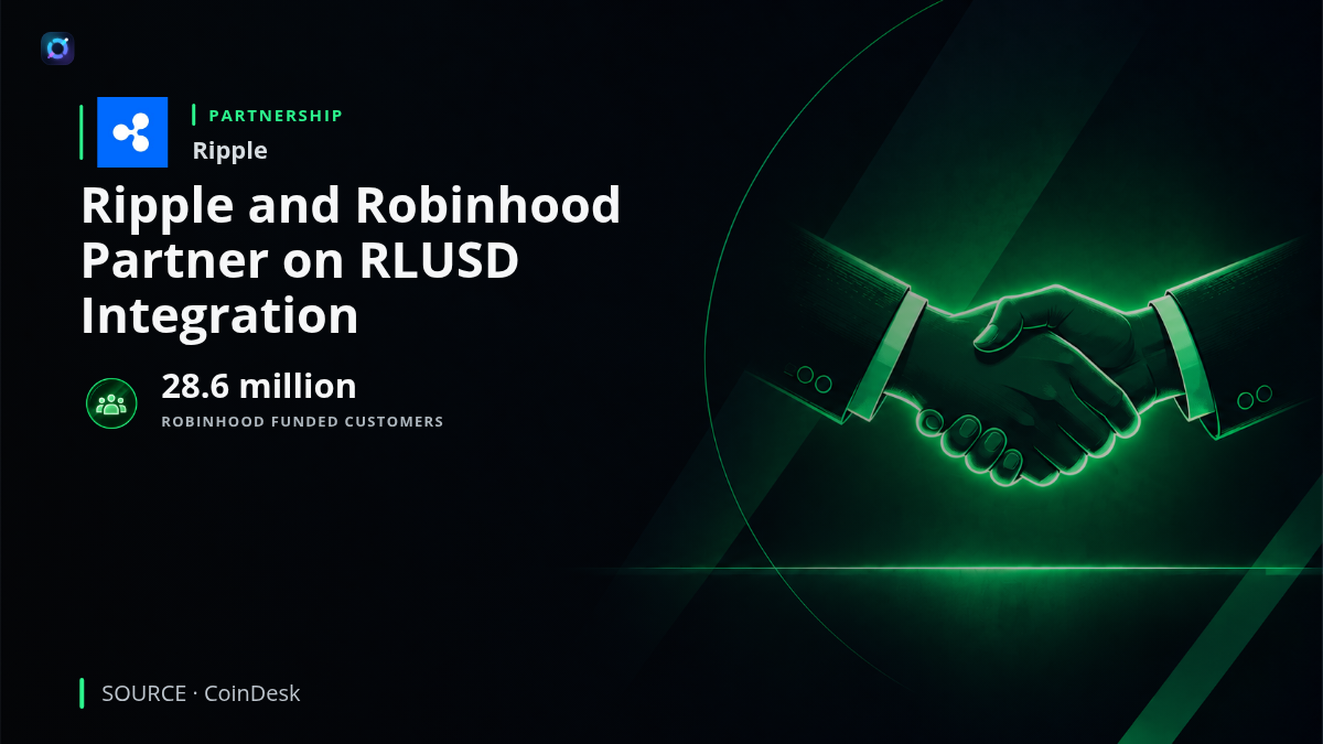 Investor alert graphic showing Ripple and Robinhood branding, a digital dollar symbol and 28.6 million funded Robinhood customers as the potential distribution audience for RLUSD.