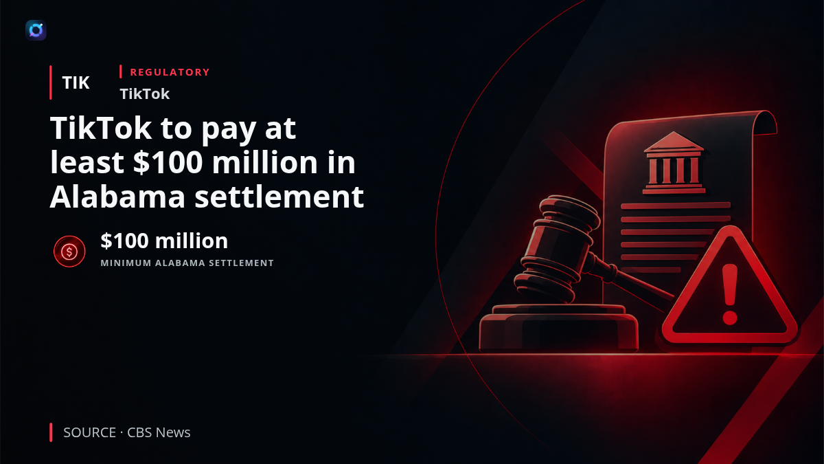 Planned investor-alert graphic showing TikTok branding with legal and youth-safety imagery, highlighting a settlement requiring at least $100 million in payments to Alabama plus platform-level safeguards for teen users.