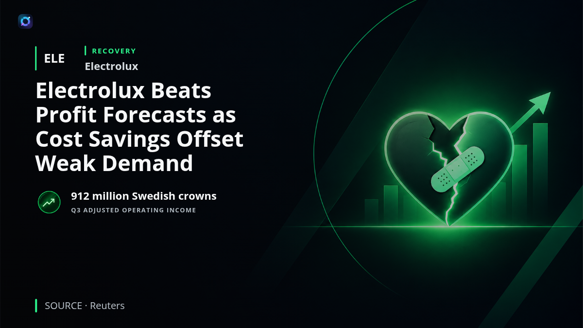 Electrolux corporate branding alongside a financial graphic showing third quarter adjusted operating income of 912 million Swedish crowns.