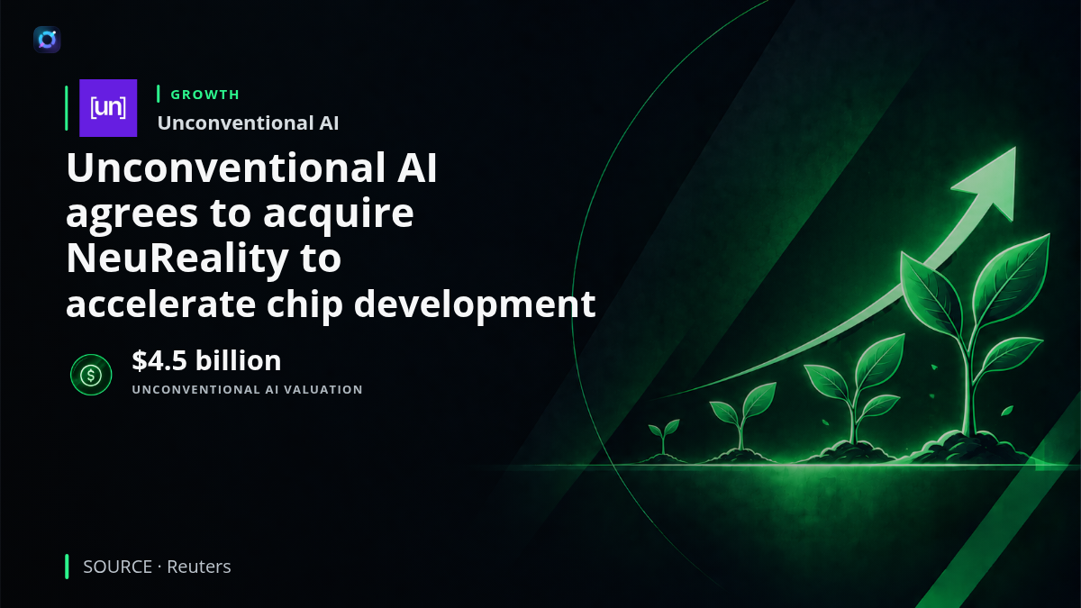 Business news graphic illustrating Unconventional AI's acquisition of AI chip startup NeuReality and the buyer's reported $4.5 billion valuation.