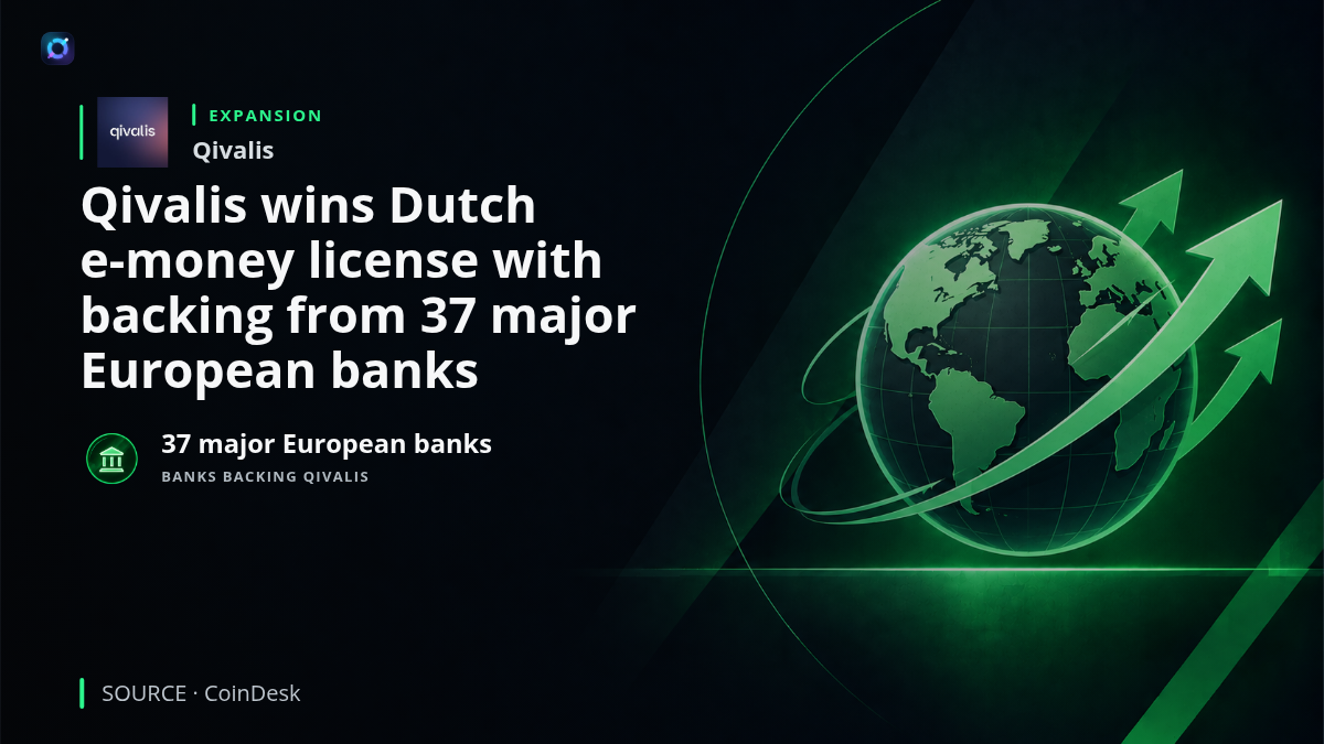 Graphic depicting Qivalis receiving a Dutch electronic money institution license, supported by a consortium of 37 major European banks and preparing regulated euro-denominated onchain settlement infrastructure.