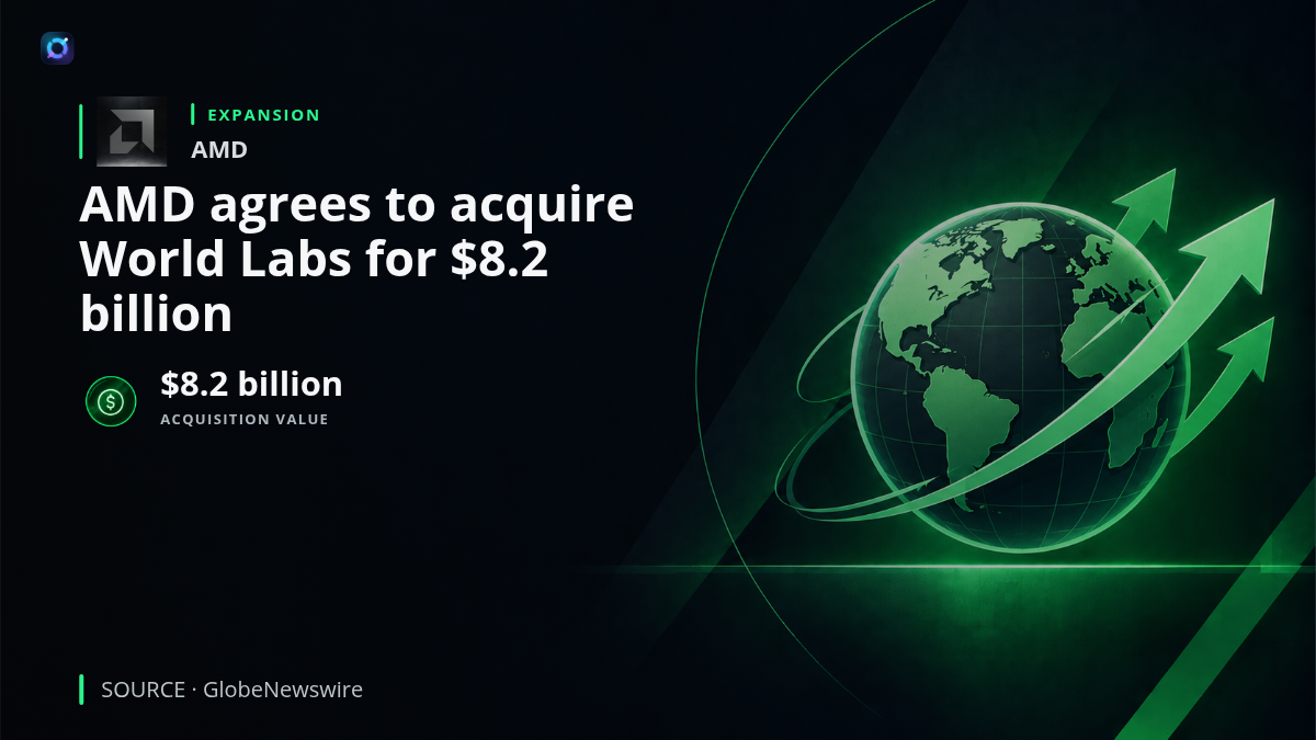 AMD and World Labs branding alongside an abstract spatial AI and semiconductor graphic, illustrating AMD's definitive $8.2 billion agreement to acquire the AI research company and expand its capabilities in world models, robotics and AI infrastructure.