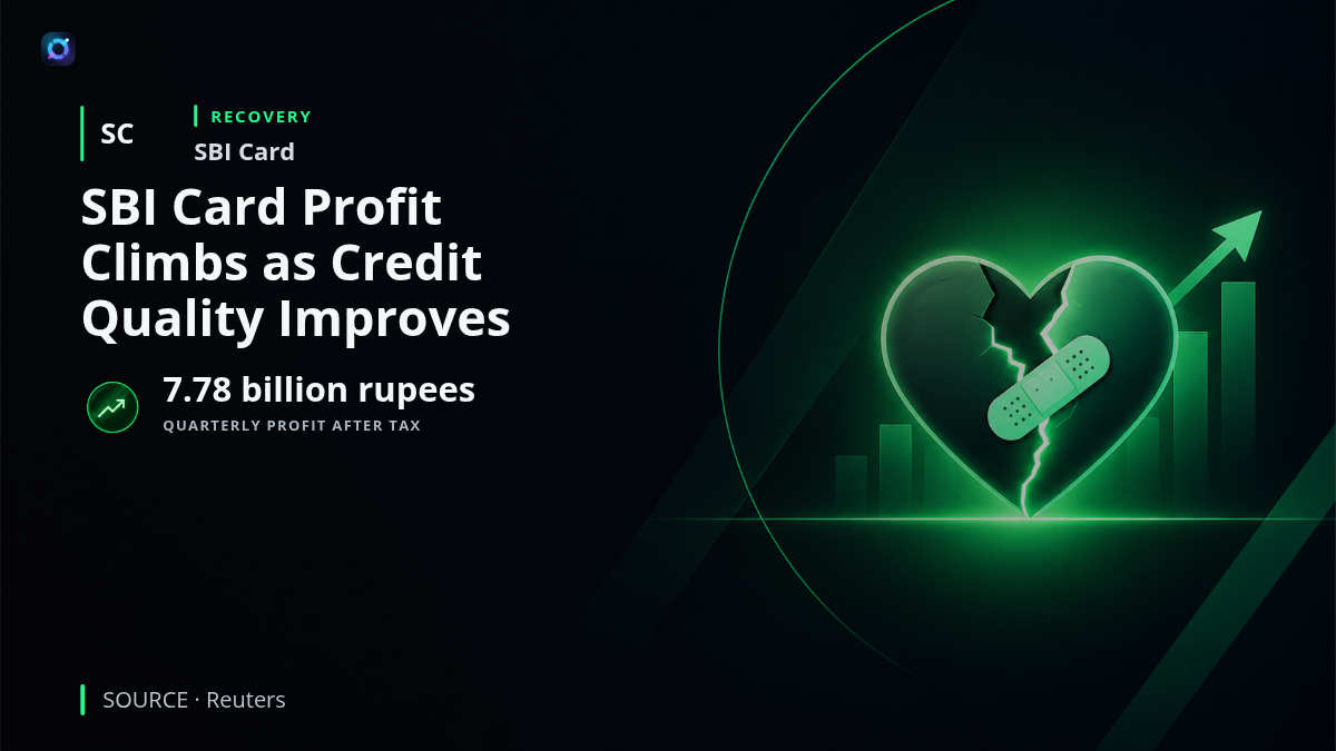 SBI Card branding with a credit card illustration and financial graphic highlighting quarterly profit after tax of 7.78 billion rupees.