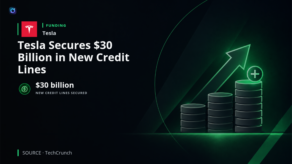 Illustration of Tesla manufacturing and robotics operations alongside a $30 billion financing figure, representing new credit capacity for scaling Cybercab, Optimus and Semi production.
