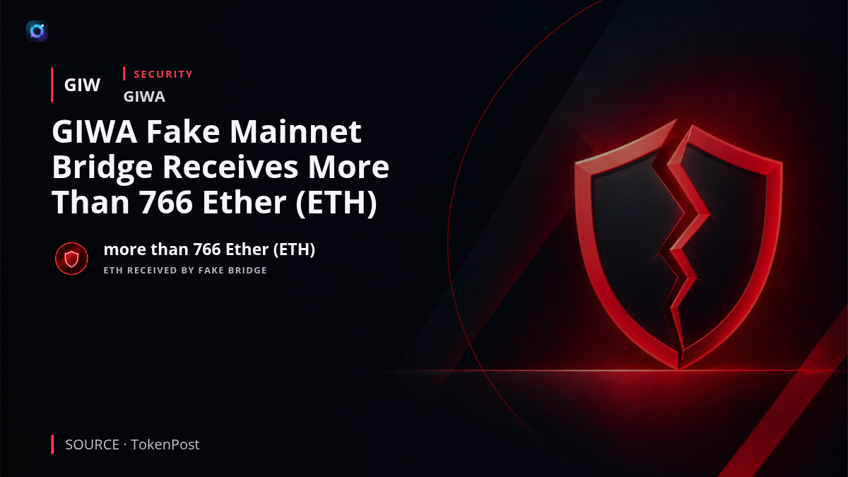Illustration of a fraudulent blockchain bridge impersonating GIWA, representing the fake GIWA Mainnet incident in which a related bridge received more than 766 Ether (ETH). GIWA said its real mainnet had not launched, warned users against unofficial RPCs, bridges and contracts, and brought in a professional security team to trace the funds.