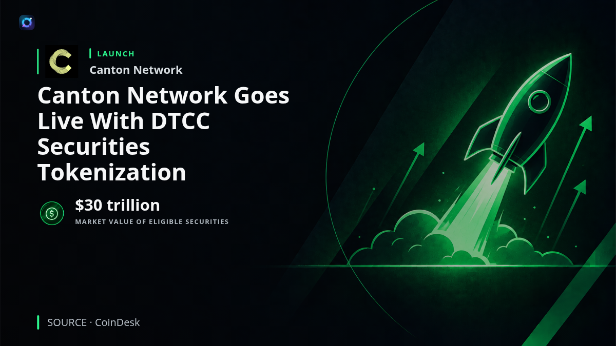 Canton Network and DTCC branding with an illustration of traditional securities being represented as digital tokens on blockchain infrastructure, alongside institutional financial market imagery.