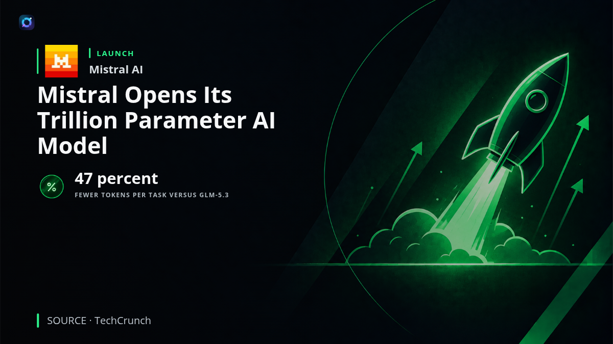 Mistral AI branding and an artificial intelligence model visualization representing the release of Mistral Large 4 weights, enabling independent deployment by businesses and government agencies.