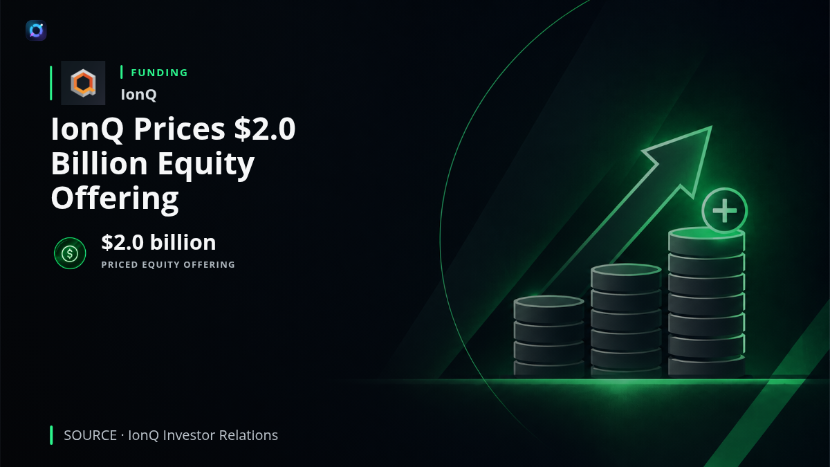 Investor alert graphic featuring the IonQ name and a prominent $2.0 billion financing figure. The graphic explains that IonQ has priced a major equity offering involving common shares, pre-funded warrants and additional warrants. The transaction provides capital for quantum technology commercialization while creating potential dilution for existing shareholders.