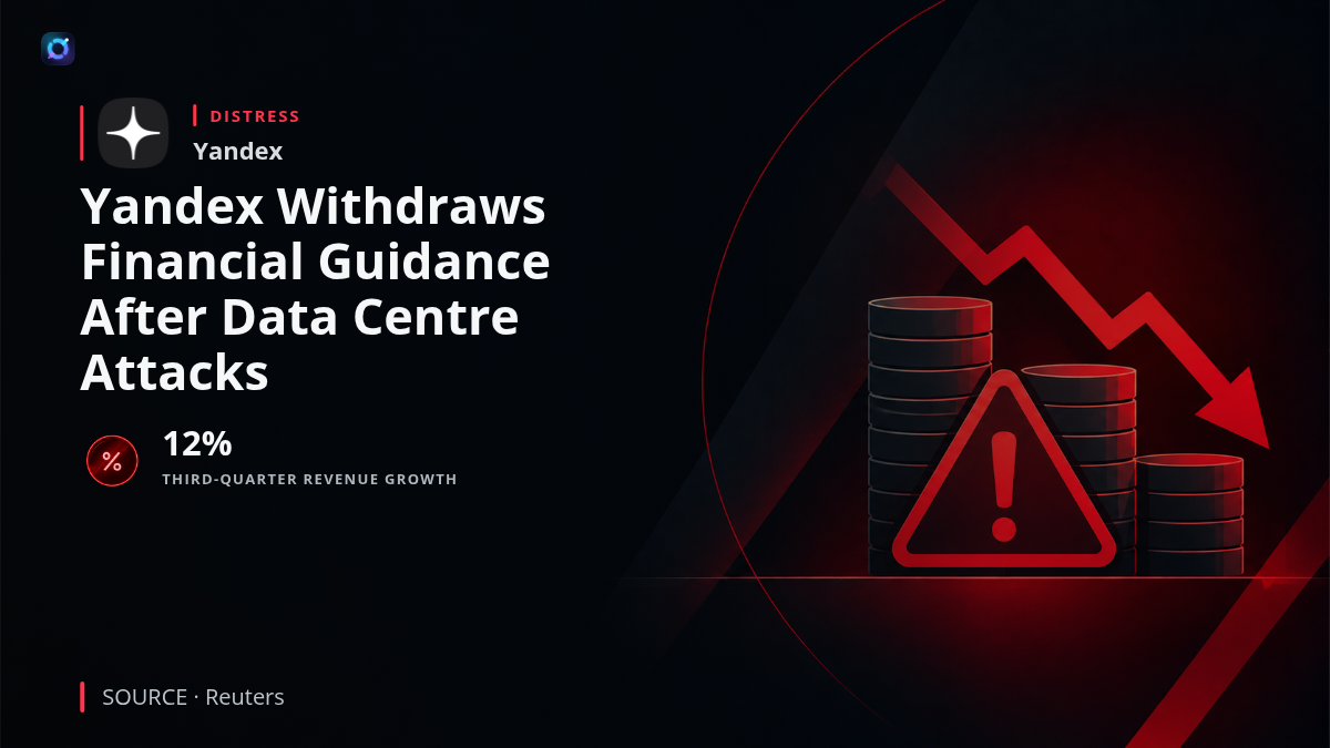 Yandex corporate logo alongside a data centre illustration and a disrupted financial forecast chart, representing operational uncertainty following attacks on company infrastructure.