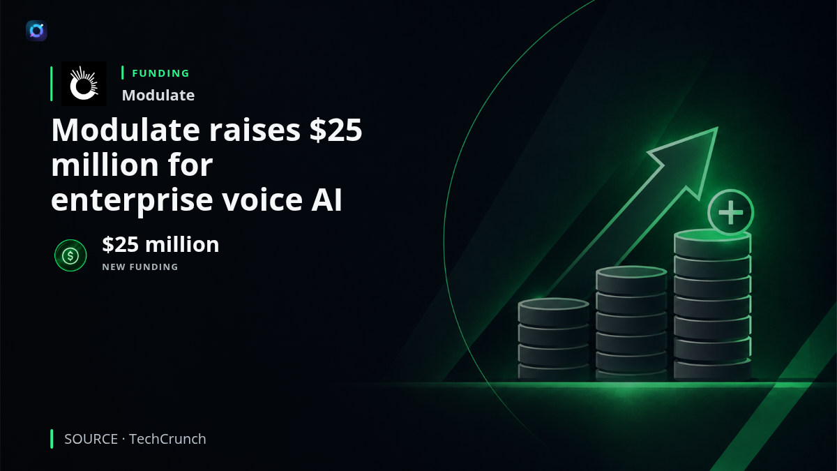 A voice waveform and enterprise AI interface representing Modulate's $25 million funding round for technology covering transcription, conversation analysis, deepfake detection and policy enforcement.