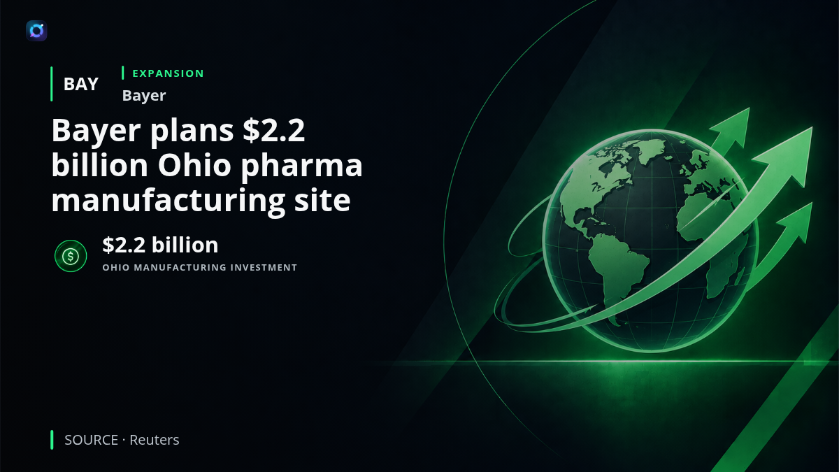 Bayer branding over a modern pharmaceutical manufacturing facility, illustrating the company's planned $2.2 billion investment in a new New Albany, Ohio site to expand U.S. drug production capacity.