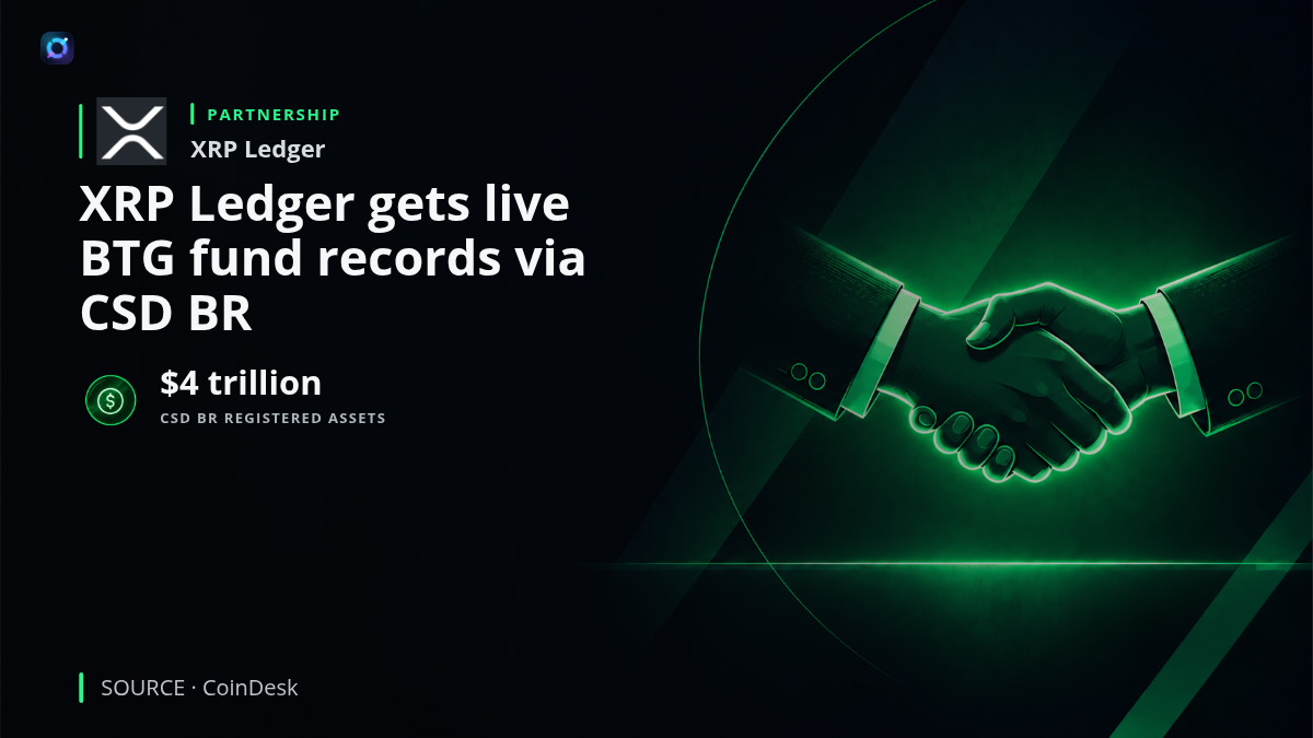 Illustration of the XRP Ledger connecting to Brazilian investment-fund records. CSD BR, which oversees roughly $4 trillion in registered assets, has begun mirroring selected live BTG Pactual fund ownership records on XRPL while its existing database remains the official record.