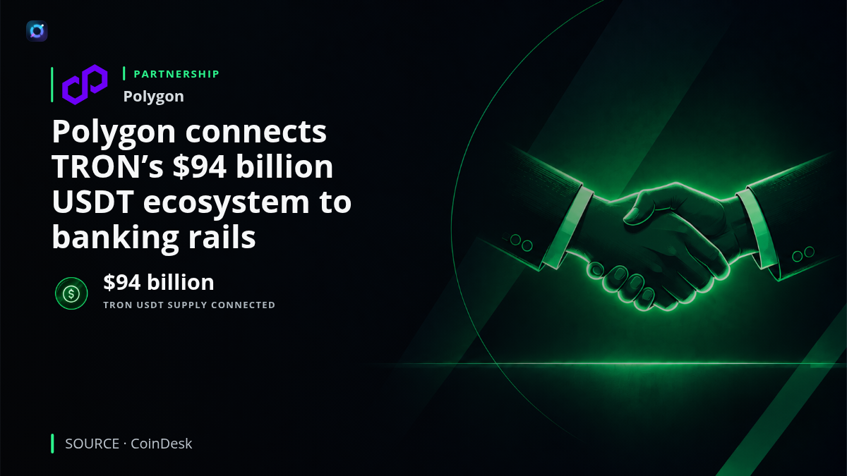 A factual illustration of Polygon and TRON blockchain infrastructure connected to banking and payment rails, representing Polygon Open Money Stack adding TRON support and connecting businesses to a $94 billion USDT ecosystem for payments, transfers and cash-out.