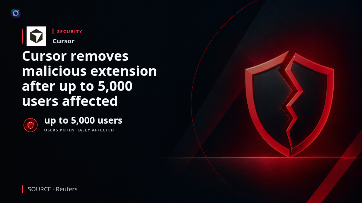 Illustration of a software development environment displaying a security warning over a code editor extension, representing the malicious extension discovered and removed from Cursor's marketplace.