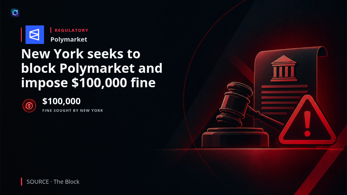 Investor-alert graphic showing Polymarket branding beside New York legal imagery, explaining that state officials sued to block the prediction-market platform from operating in New York and are seeking a $100,000 fine among other penalties.