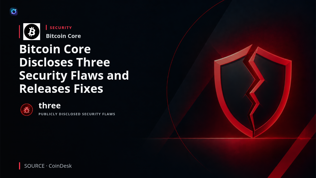 Cybersecurity news graphic showing the Bitcoin symbol alongside a computer server and a security warning, representing three newly disclosed Bitcoin Core vulnerabilities affecting node software.