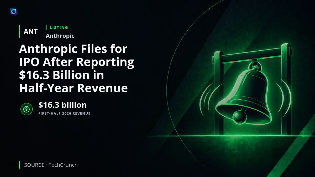 Investor news graphic featuring the Anthropic name, an IPO filing document, and the reported $16.3 billion first-half revenue figure, representing the company's planned entry into public equity markets.