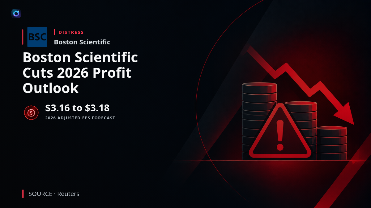 Boston Scientific corporate branding with an illustration of medical devices and a downward earnings forecast indicator.