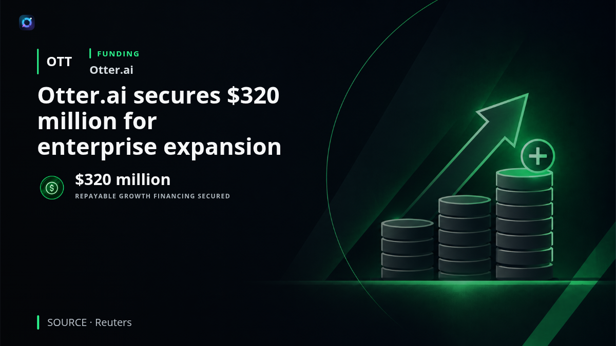 Otter.ai branding with a visual of an AI-powered meeting transcription interface, representing the company's new repayable growth financing and planned enterprise expansion.