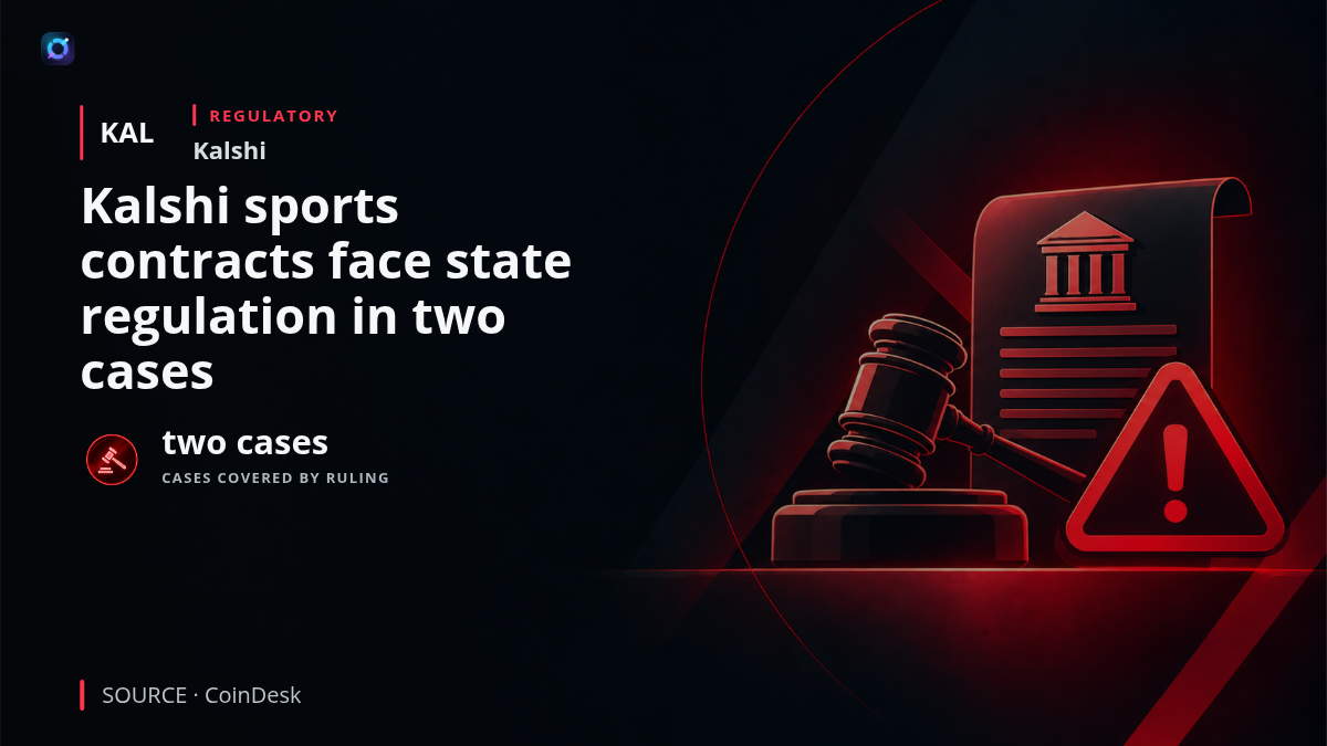 Planned investor-alert graphic showing Kalshi prediction-market branding with a courthouse motif, explaining that a Sixth Circuit ruling covering two cases in Ohio and Tennessee held its sports-event contracts subject to state gaming regulation.