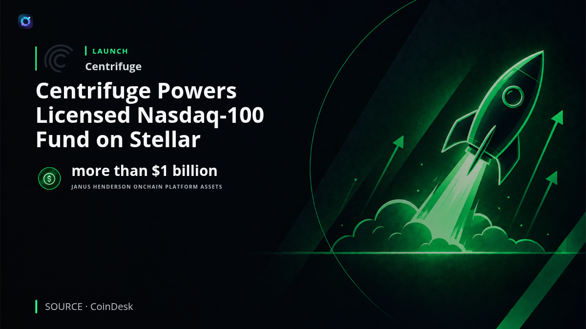 Centrifuge, Janus Henderson, Nasdaq and Stellar logos arranged around a blockchain representation of tokenized equity index investments.