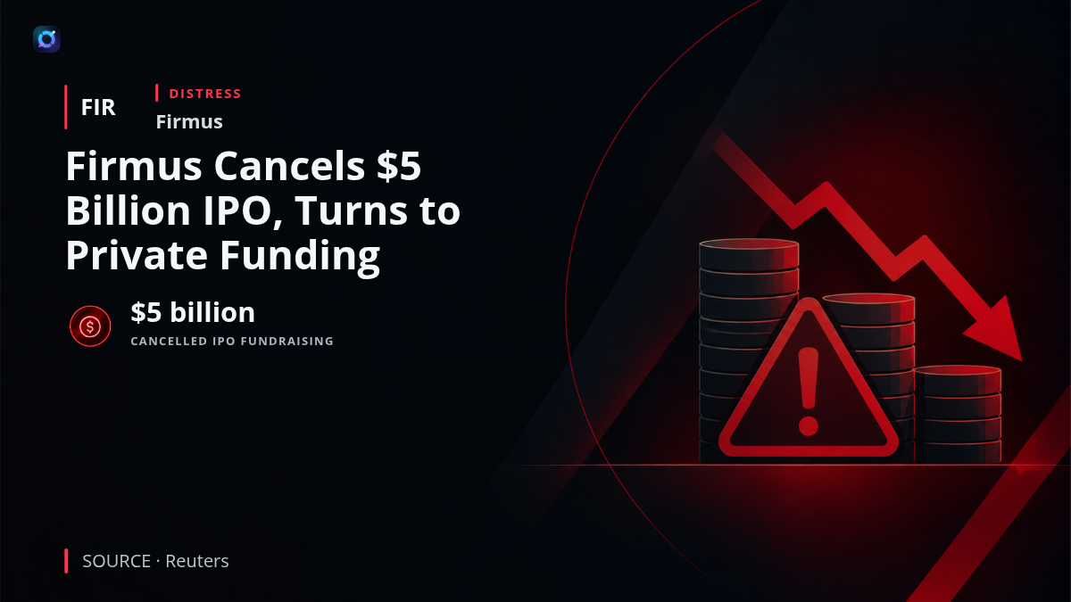 Investor-alert graphic showing Firmus, an AI data centre operator backed by Nvidia, alongside the headline that its $5 billion initial public offering has been cancelled. The graphic communicates the withdrawal of the planned public financing and the company's decision to pursue private capital for its infrastructure expansion.