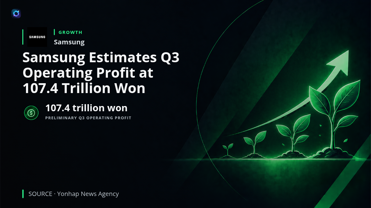 Investor-alert graphic featuring Samsung Electronics branding and semiconductor imagery. The headline reports preliminary third-quarter operating profit of 107.4 trillion won, representing a 782.5 percent increase from the previous year. The visual communicates the scale of Samsung's earnings expansion and the importance of semiconductor demand to its financial performance.